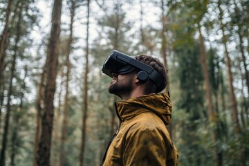 Obraz premium Man using virtual reality headset in a dense forest during a calm afternoon