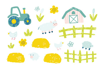 Farm life in a illustration: a lovely illustration of farm elements, the colorful scene creates a vivid memory of farm life.
