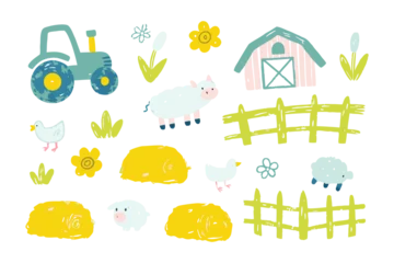 Gardinen Bauernhof Farm life in a illustration: a lovely illustration of farm elements, the colorful scene creates a vivid memory of farm life.  © Abdul