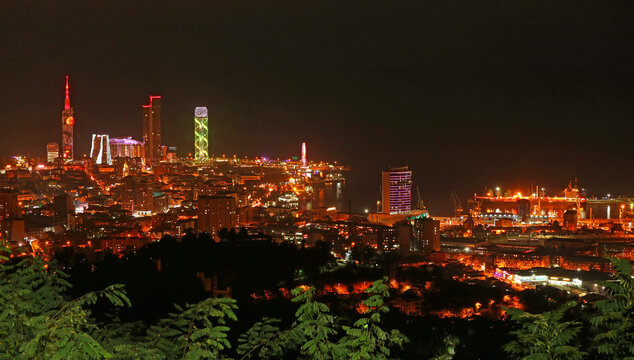 Stunning lit up cityscape at night of Batumi as seen from Anuria mountain viewing platform, Batumi, Georgia
