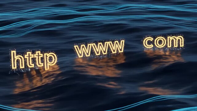 Glowing letter-shaped islands http www com rising from digital liquid surface in futuristic cyberspace