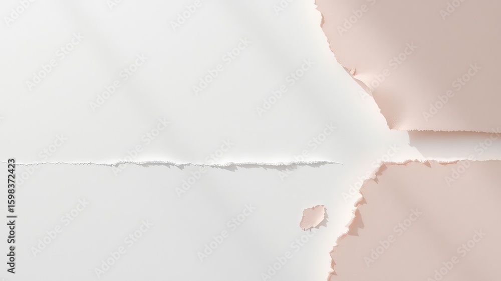 Poster torn paper edges on a white background create an abstract effect with shadows revealing an underlyin