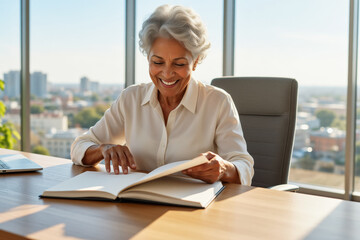 A smiling senior woman with gray hair reads a book while seated at a desk in front of a large window overlooking a cityscape.