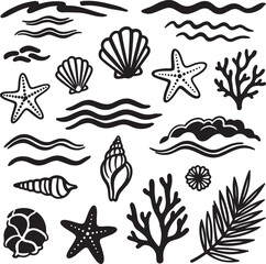 Black and White Sea Life Vector Set with Waves Shells Starfish and Coral.