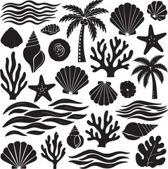 Collection of Black and White Ocean and Beach Silhouettes.