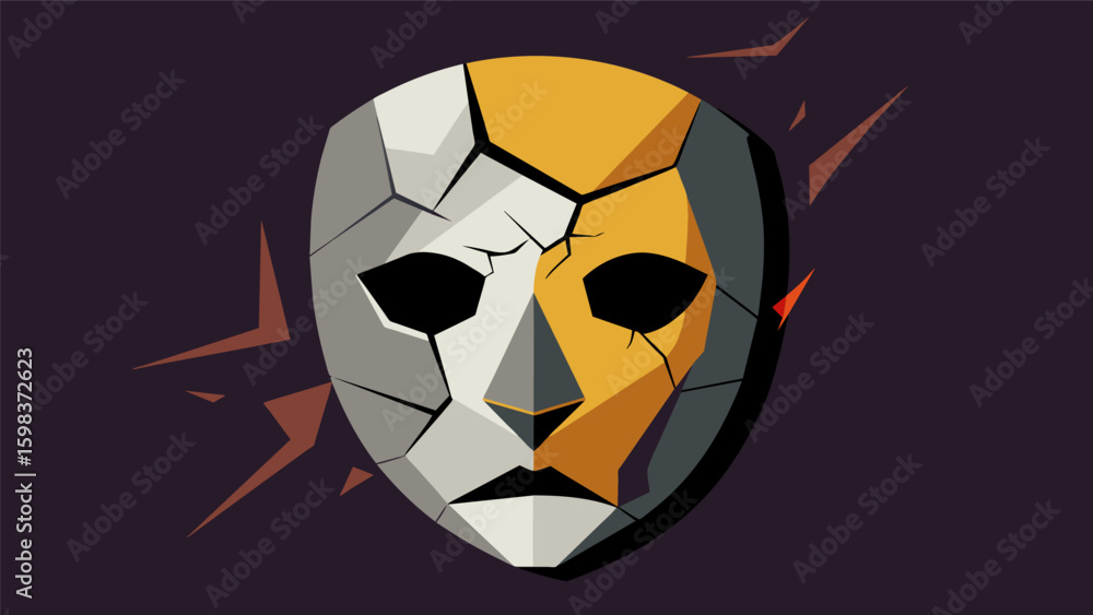 Poster a mask with a cracked and broken surface representing the struggles and challenges that have shaped 