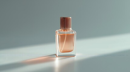Perfume advertisement, bottle and minimalism: Perfume bottle isolated in center of frame, negative space all around, soft lighting with gentle shadows, minimalist documentary style --ar 16:9