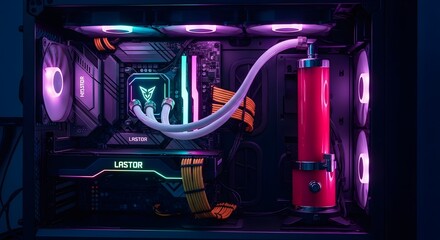 Modern computer build with custom water cooling system under vibrant neon lighting, showcasing high-performance hardware and aesthetic design.