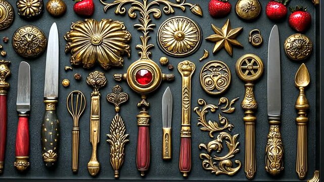Elegant golden vintage kitchenware cutlery and strawberry background for culinary delights