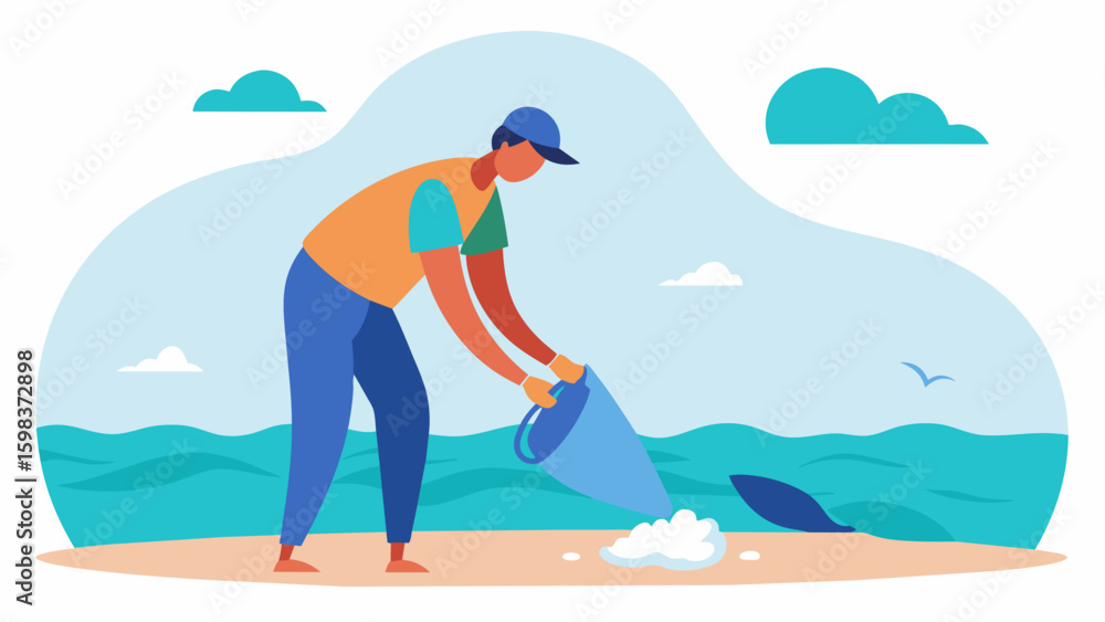 Aufkleber a drawing of a person picking up litter on the beach with a message encouraging others to do their p