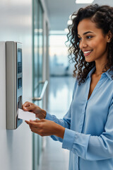 A young woman with curly hair smiles as she swipes a card to access a building through an electronic door lock.