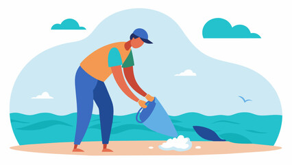 A drawing of a person picking up litter on the beach with a message encouraging others to do their part in keeping our oceans clean and healthy.. Vector illustration