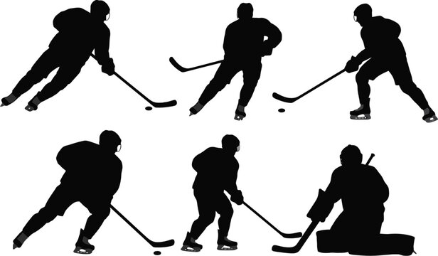 Vector art of silhouetted hockey players in dynamic poses, capturing the speed and intensity of the game isolated on white background