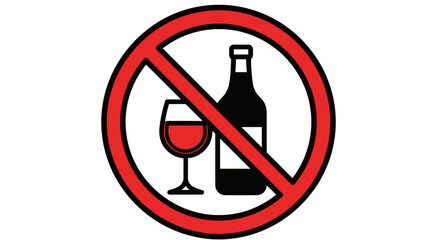 A prohibition sign, depicting a wine glass and bottle of alcohol crossed out with a red circle.