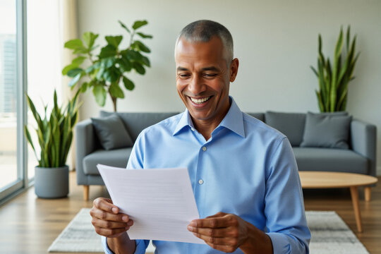 A smiling middle-aged man in a blue shirt reads a document while seated on a gray sofa in a modern living room.