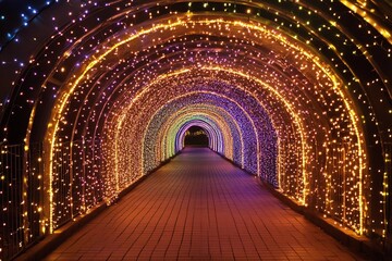 Obraz premium Colorful illuminated tunnel creates a stunning visual experience with shimmering lights in various hues