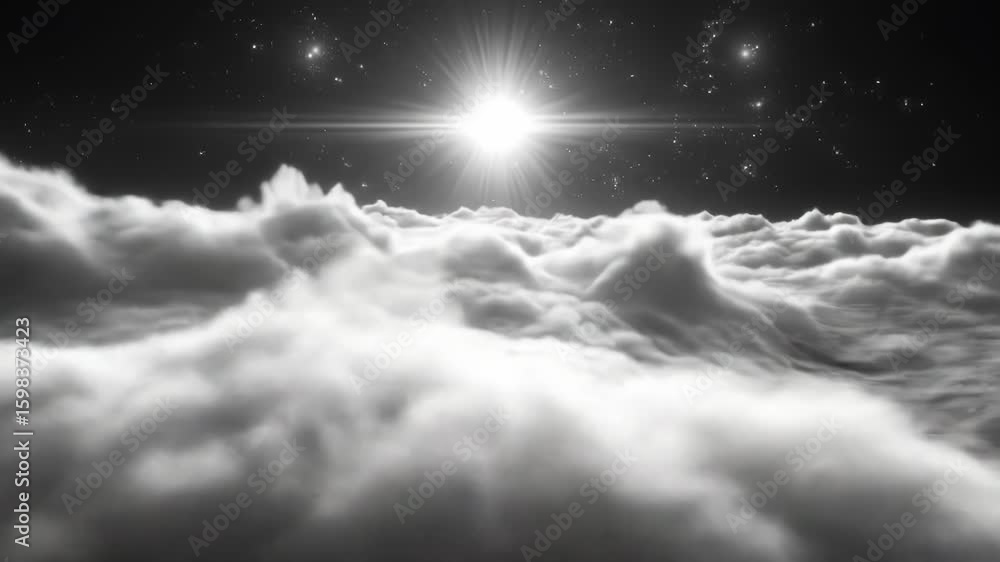 Poster abstract cloudscape under a starry night sky with a bright celestial object overhead realistic