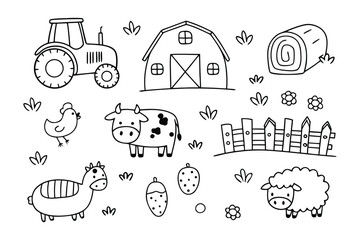 Farm life doodle: A collection of charming farm doodles featuring a tractor, barn, hay bale, chicken, cow, fence, horse, strawberry, acorn, and sheep.