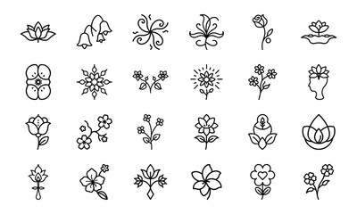 Minimal Floral Line Icon Bundle – 30 Elegant Flower Vector Icons for Logos, Branding, Invitations, and Botanical Design Projects