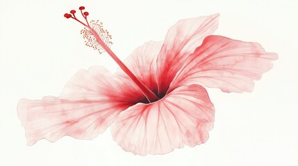A delicate, artistic rendering of a hibiscus flower in soft pink and red hues. The petals are painted with smooth, flowing watercolor strokes that highlight the flower's natural beauty. 