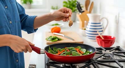 Person cooking healthy vegetables in a red frying pan on a gas stove