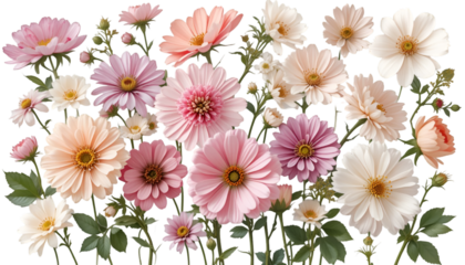 Beautiful floral arrangement of pink and white flowers for spring and summer season home decor ideas isolated on tranparent background