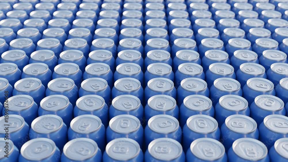 Poster abstract 3d seamless loop with rows of blue aluminum cans for drinks. clean minimalistic composition