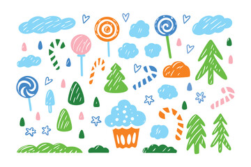 Fototapeta premium Whimsical Candy Doodle: A cheerful illustration filled with colorful candy and other festive elements. It's a fun collection perfect for adding a touch of sweetness to any project.
