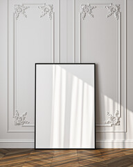 Frame mockup, ISO A paper size. Simple Interior mockup with house background and sunlight. Modern interior design. Close up. 3D render
