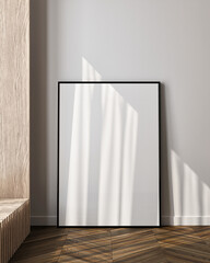 Frame mockup, ISO A paper size. Living room wall poster mockup. Interior mockup with house background. Modern interior design. 3D render

