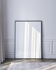 Frame mockup, ISO A paper size. Simple Interior mockup with house background and sunlight. Modern interior design. Close up. 3D render
