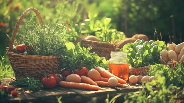 Baskets of fresh vegetables and herbs on a wooden table. Farm vegetables Carrots, tomatoes, eggs and a jar of honey. Eco market with products - Powered by Adobe