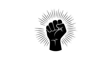 Silhouette of a raised fist, radiating power and strength, a symbol of protest and resistance.