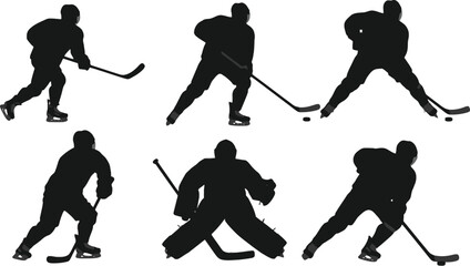 Naklejka premium Vector art of silhouettes of hockey players and goaltenders in action on the ice, isolated on white background