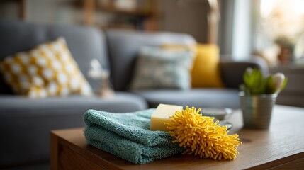 A comfortable living room showcasing a couch with vibrant cushions and cleaning supplies on a wooden table.