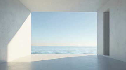 Obraz premium Minimalist interior room with ocean view.