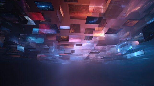 abstract UI projection from smart TV, streaming tiles rotating in 3D space, soft futuristic lighting