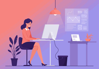 Businesswoman working at desk, computer, charts, office, plants.