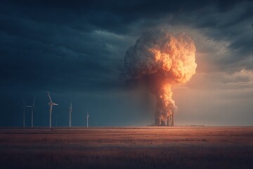 German landscape with silent turbines and active coal plant. Energy supply strain. German green energy goals challenged by wind speed decline. Energy distribution. Energy flow.