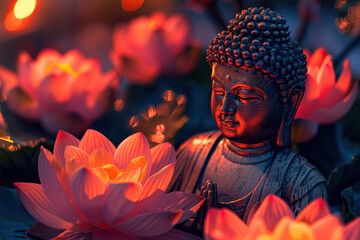 Ancient statue great Buddha on bright holiday composition, abstract vivid composition consists of fictional unreal fantastic vision on background