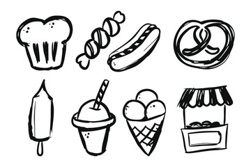 Black and White Doodle Food Collection: A delightful set of black and white doodle-style illustrations featuring a selection of enticing food items, perfect for conveying freshness, culinary concepts.