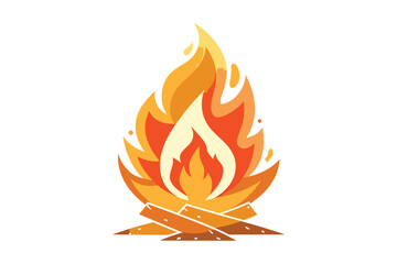 Stylized illustration of a campfire with bright orange and yellow flames and logs isolated on white background silhouette