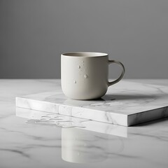 Minimalist White Mug on Polished Marble, Water Droplets