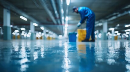 A janitorial worker mops the shiny wet floor of an underground parking garage, emphasizing cleanliness and maintenance.