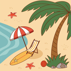 Relaxation at tropical beach concept with umbrella, surfboard, and palm tree. Perfect for travel blogs, holiday brochures, and summer promotion materials
