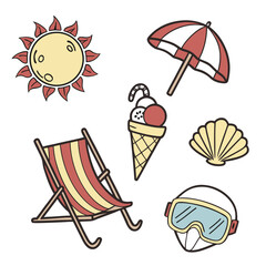 Flat Style Summer Vacation Icon Pack – Beach Chair, Ice Cream, Snorkeling Mask, Seashell, Sun – Perfect for Travel UI, Posters & Stickers