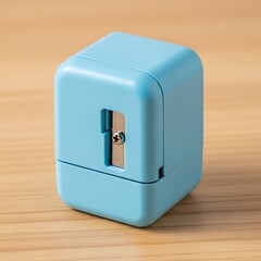Modern Blue Pencil Sharpener on Wooden Surface: Minimalist Design, Close-up
