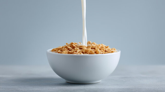 Milk being poured into white bowl filled with crunchy cereal flakes for simple and healthy breakfast start - Powered by Adobe