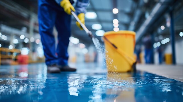 A worker in blue uniform mops a wet industrial floor using a yellow bucket in a large, illuminated facility. - Powered by Adobe
