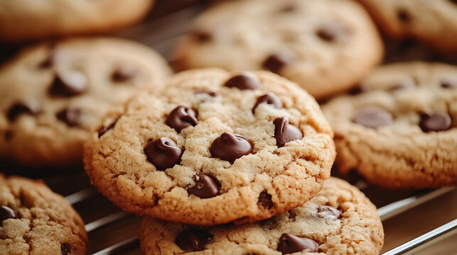 Delicious chocolate chip cookies stacked isolated on white background